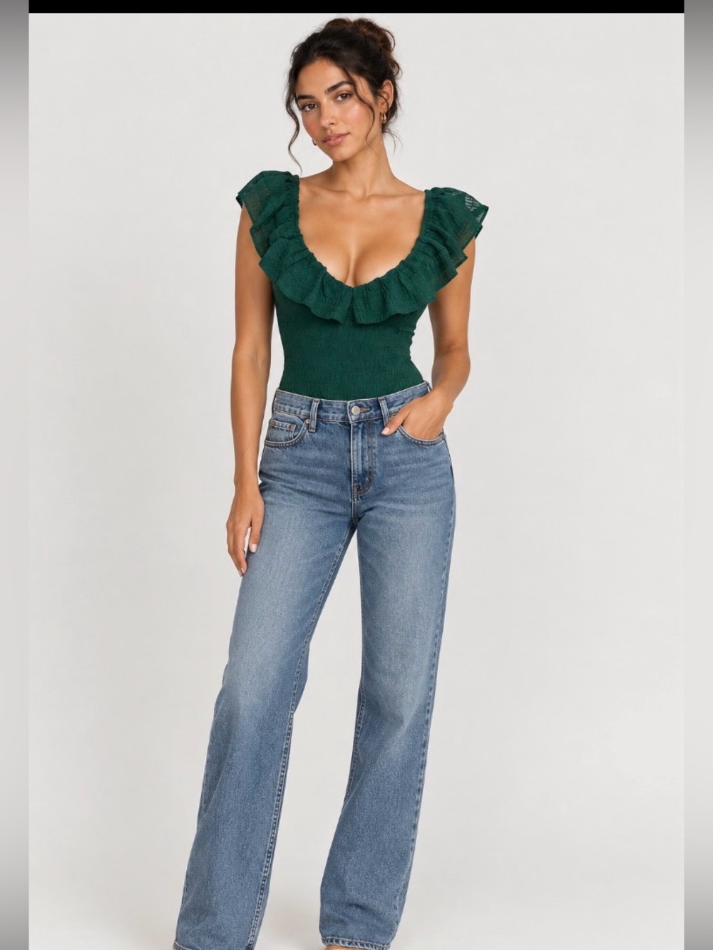 Euro Vaca/Resort Ready Francesca's Collections Deep Green Ruffle Bodysuit
